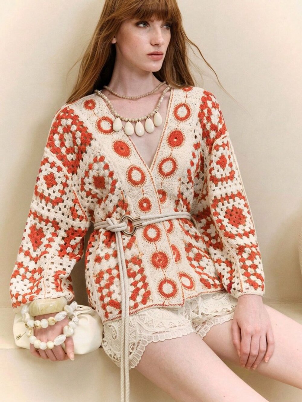 Orange Boho Women's Crochet Geometric print long Sleeve Knit Cardigan